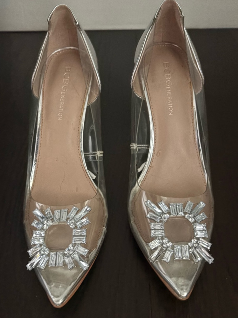 BCBGeneration Clear and Silver Crystal Jeweled Cinderella Pumps, 8 1/2